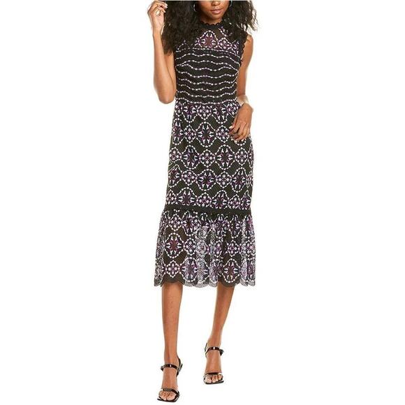 Sandro Inaya Dress Black White Purple Embroidered Lace Midi Length Sz XS French - Picture 1 of 16